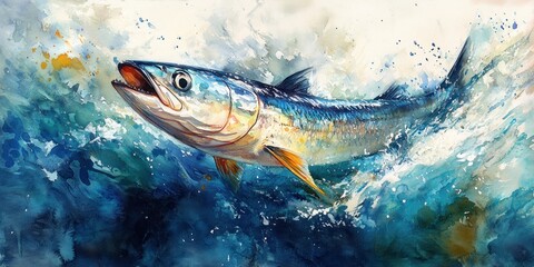 Watercolor Painting of a Fish Leaping from Ocean Waves