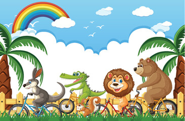 Animals Riding Bicycles Under a Rainbow