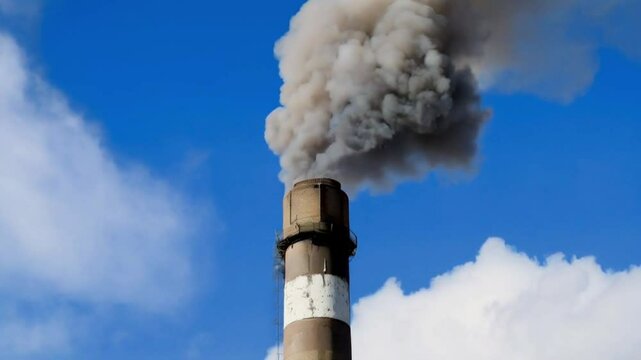 Smoke stack is rising from industrial chimney and blowing with the wind over clear sky