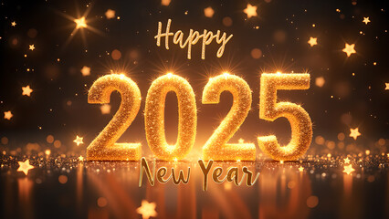 Happy New Year 2025 Gold Glitter. Concept of celebration, party, and holiday.