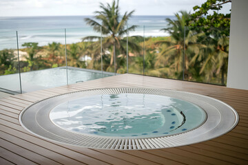 Naklejka premium Outdoor jacuzzi on wooden deck with tropical views, serene elevated relaxation spot