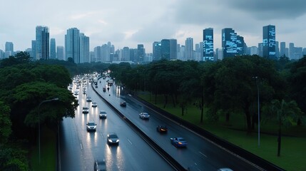 Urban Cityscape at Dusk with Traffic Flowing on Rainy Road Amidst Skyscrapers and Greenery in Background, Showcasing Modern Architecture and Urban Lifestyle