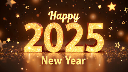 Happy New Year 2025 Gold Glitter. Concept of celebration, holiday, and party.