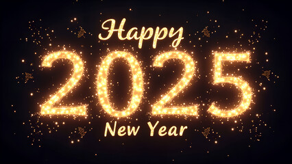 Happy New Year 2025 Sparkling Gold Text. Concept of celebration, party, and holiday.
