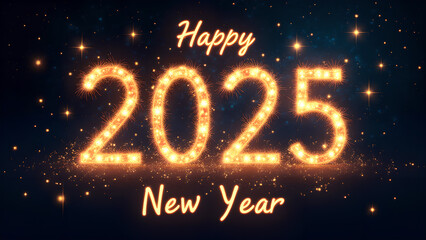 Happy New Year 2025 with glowing lights. Concept of celebration, holiday, and future.