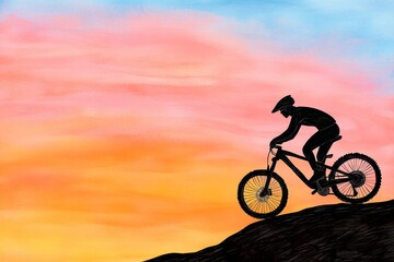 Obraz premium A dreamy watercolor depiction of a cyclist riding along a mountain trail, with flowing strokes and vibrant hues