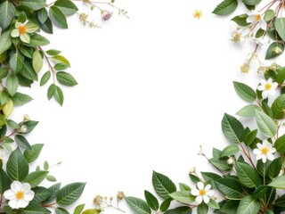 Fototapeta premium Botanical leaves and flowers create a lush frame around a central isolated white space, botanical frame, flowers