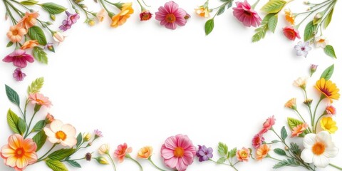 Botanical floral border with vivid flowers creating frame, white copy space, top view flat lay, border, top view