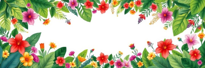 Fototapeta premium Botanical leaves and flowers forming a lush frame with a white border in the center, organic, decoration