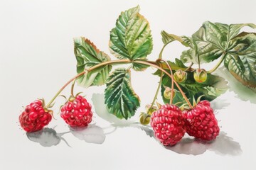 watercolor raspberry beautiful fruit with leaves,white background