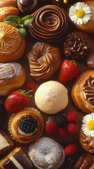 Delightful Patisserie Display, an array of exquisite pastries and baked goods, showcasing intricate designs, vibrant colors, inviting indulgence and culinary artistry.
