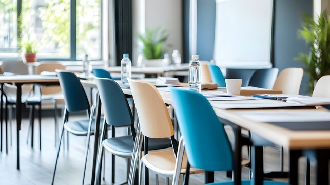 Empty meeting room with scattered budget papers and vacant chairs, symbolizing the aftermath of intense decision-making and strategic planning sessions.