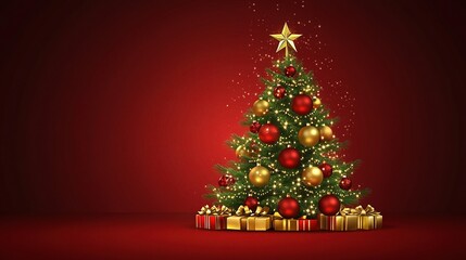 Obraz premium Beautiful Christmas Tree with Decorations and Gifts on Red Background