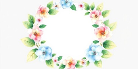 Circular watercolor wreath of colorful hydrangeas on white background, colorful, floral