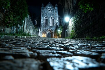 A gothic-style portrait of Salvador colonial streets, with dim lanterns casting eerie light on...