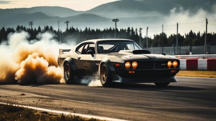 Fototapeta premium high speed car rushes down the street of a night city, car drifting, old racing car driving, 