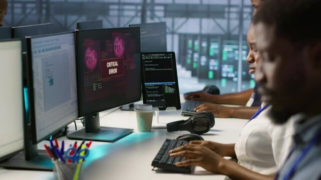 IT staff members seeing critical error popup on PC screen in data center, requesting help from cybersecurity team. Server hub coworkers struggling to eliminate cyberattacks affecting network, camera A