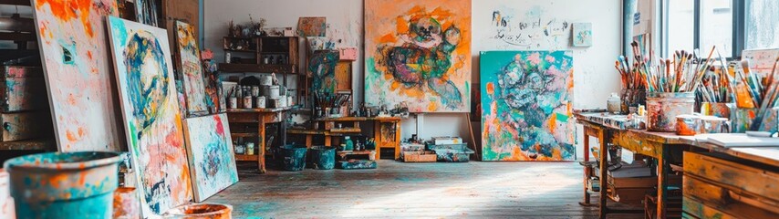 Fototapeta premium Vibrant Art Studio, a lively space brimming with colorful canvases, paint pots, and inspiring quotes, inviting creativity and artistic expression in every corner.