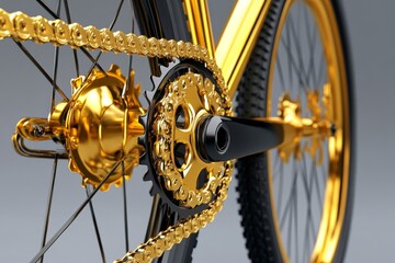 A hyper-realistic close-up of a bike gear, capturing every detail of the chain and metallic texture under sunlight
