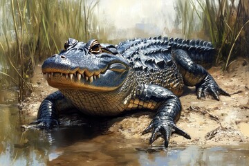 Fototapeta premium Alligator Resting Near Water In Swampy Habitat