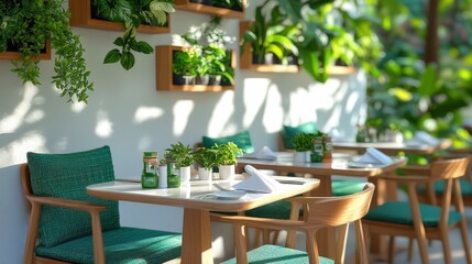 Obraz premium Modern Restaurant Interior Design Sunlight Plants Green Decor