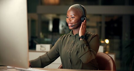 Call center, happy black woman and headset for customer service or listen at help desk at night....