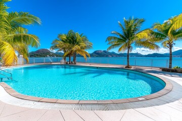 Fototapeta premium A luxurious hotel pool overlooking the ocean in FlorianÃ³polis, with palm trees swaying gently in the breeze
