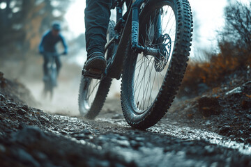 Mountain biker ride down from hill. Close up wheel image. Active and sport leisure concept