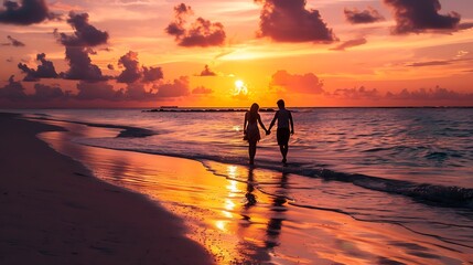 Silhouette of Couple Holding Hands on Beach at Sunset