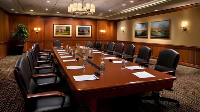 Empty meeting room with scattered budget papers and vacant chairs, symbolizing the aftermath of intense decision-making and strategic planning sessions.
