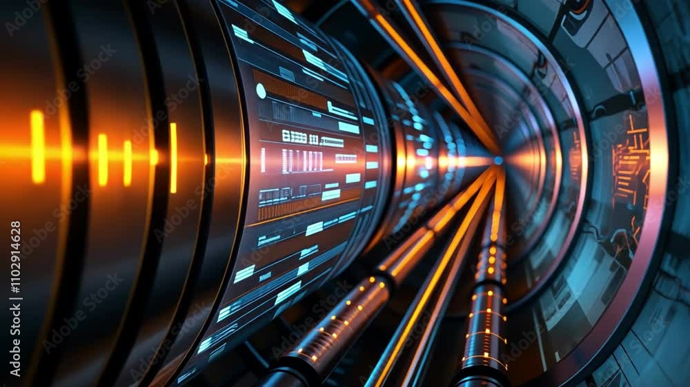 Poster futuristic perspective of a tunnel filled with glowing blue and orange data streams, symbolizing tec