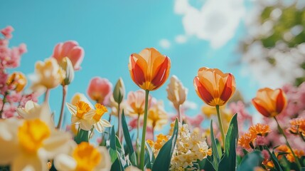 Obraz premium Vibrant Spring Garden, a colorful display of blooming tulips and daffodils under a clear blue sky, ideal for seasonal promotions and floral themes.