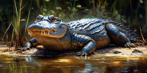 Fototapeta premium Alligator Basking In Sunlight Near Water
