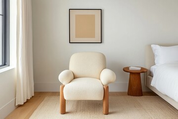 A monochrome bedroom design with straight lines, neutral gray tones, and a single statement chair in the corner