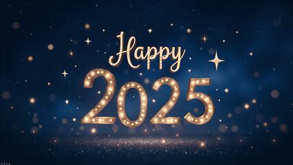 Happy New Year 2025 with golden lights. Festive celebration concept.