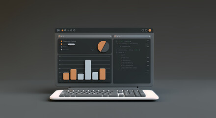 Modern Laptop Displaying Data Analytics and Code: 3D Render of Dark UI