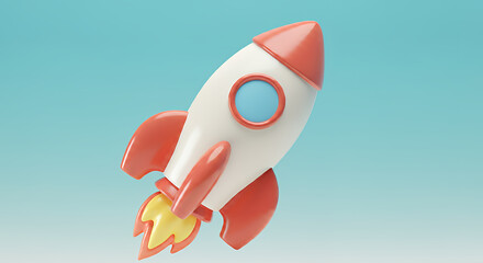 3D Render of a Cute Cartoon Rocket Launching Against a Light Blue Background