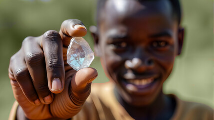 An African miner proudly holding a rough diamond, ideal for content related to gem mining, natural resources, and ethical sourcing in the diamond industry