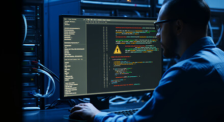 Hacker Working on Computer, Cybersecurity Threat, System Alert, Data Breach, Coding, Server Room, Night Work