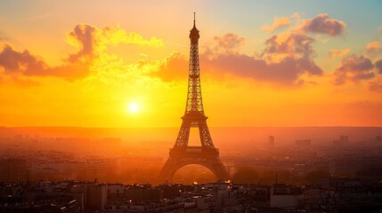 Naklejka premium Vibrant sunset silhouettes iconic landmarks, showcasing the city's beauty against a colorful sky, perfect for evoking a sense of wonder and tranquility.