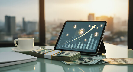 Stock Market Growth, Financial Success, Investment Profits Displayed on Tablet with Cash