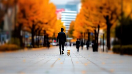 A man walks a small dog down a scenic pathway among vibrant autumn trees in a lively urban environment, showcasing the beauty of nature and companionship during fall.