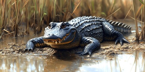 Obraz premium Alligator in Swampy Habitat Basking in Sunlight