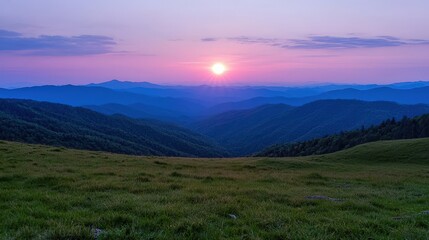 Obraz premium Serene Sunset Landscape Majestic Mountains Grassland Peaceful Sky