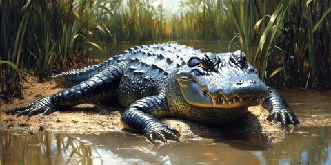 Majestic Alligator Resting Near Swampy Waters