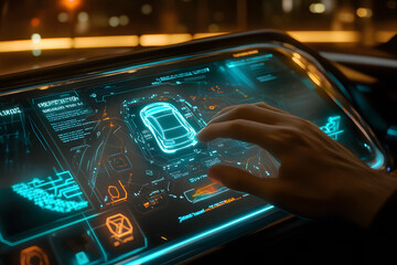 Futuristic smart car dashboard with advanced holographic interface, showcasing modern automotive technology, touch controls, AI systems, and digital navigation solutions