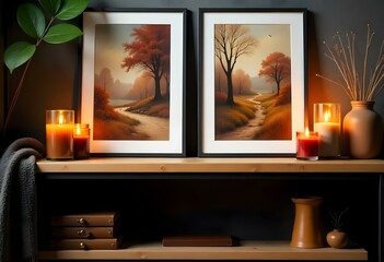 Two abstract landscape paintings in warm, earthy tones depict a dreamlike, atmospheric scene. They are framed and displayed on a wooden shelf.
