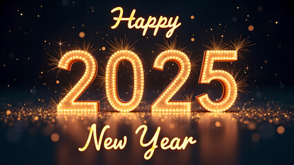 Happy New Year 2025 with golden lights. Concept of celebration, holiday, and future.