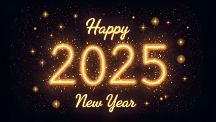 Happy New Year 2025 Golden Neon Lights. Concept of celebration, holiday, and party.