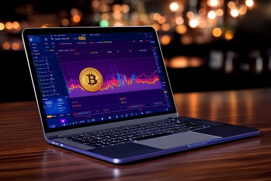 A realistic photo of a laptop displaying a cryptocurrency trading platform with real-time graphs and values